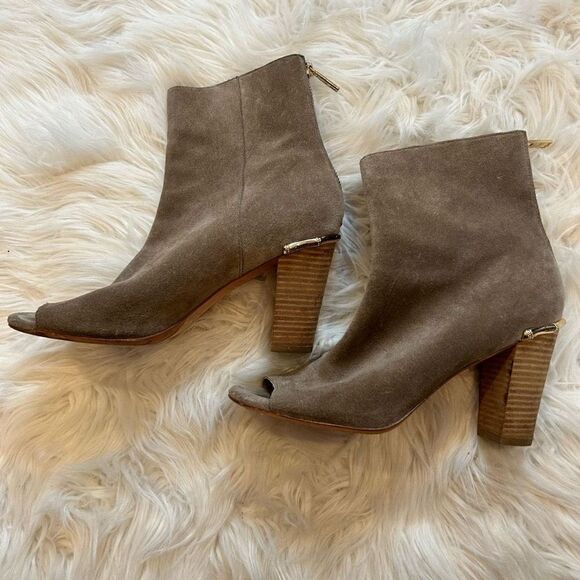 Elaine Turner bootie size 9.5 tan grey open toe gold heel trim - Picture 2 of 10